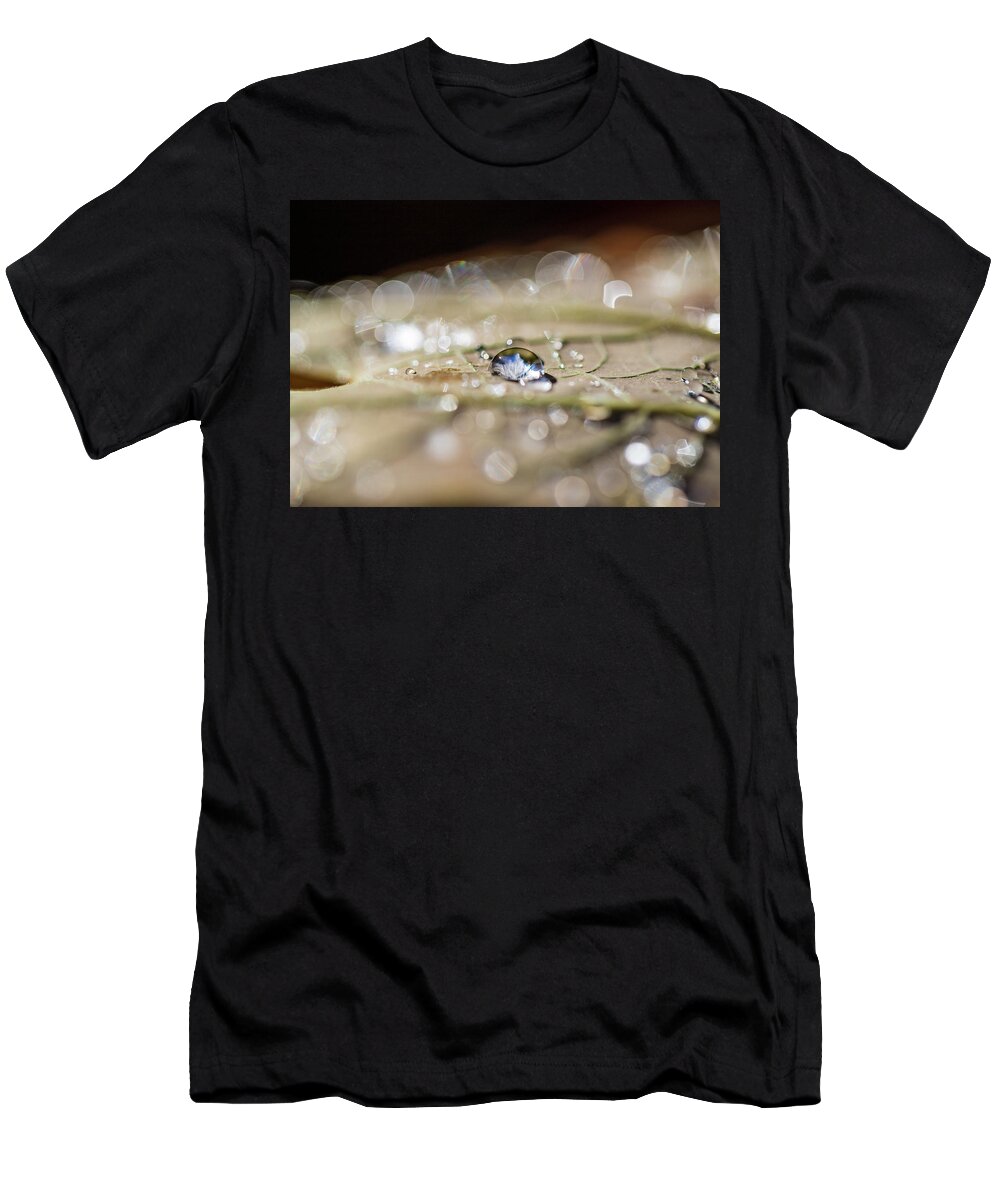 Plants T-Shirt featuring the photograph Macro Photography - Water Drops on Leaf by Amelia Pearn