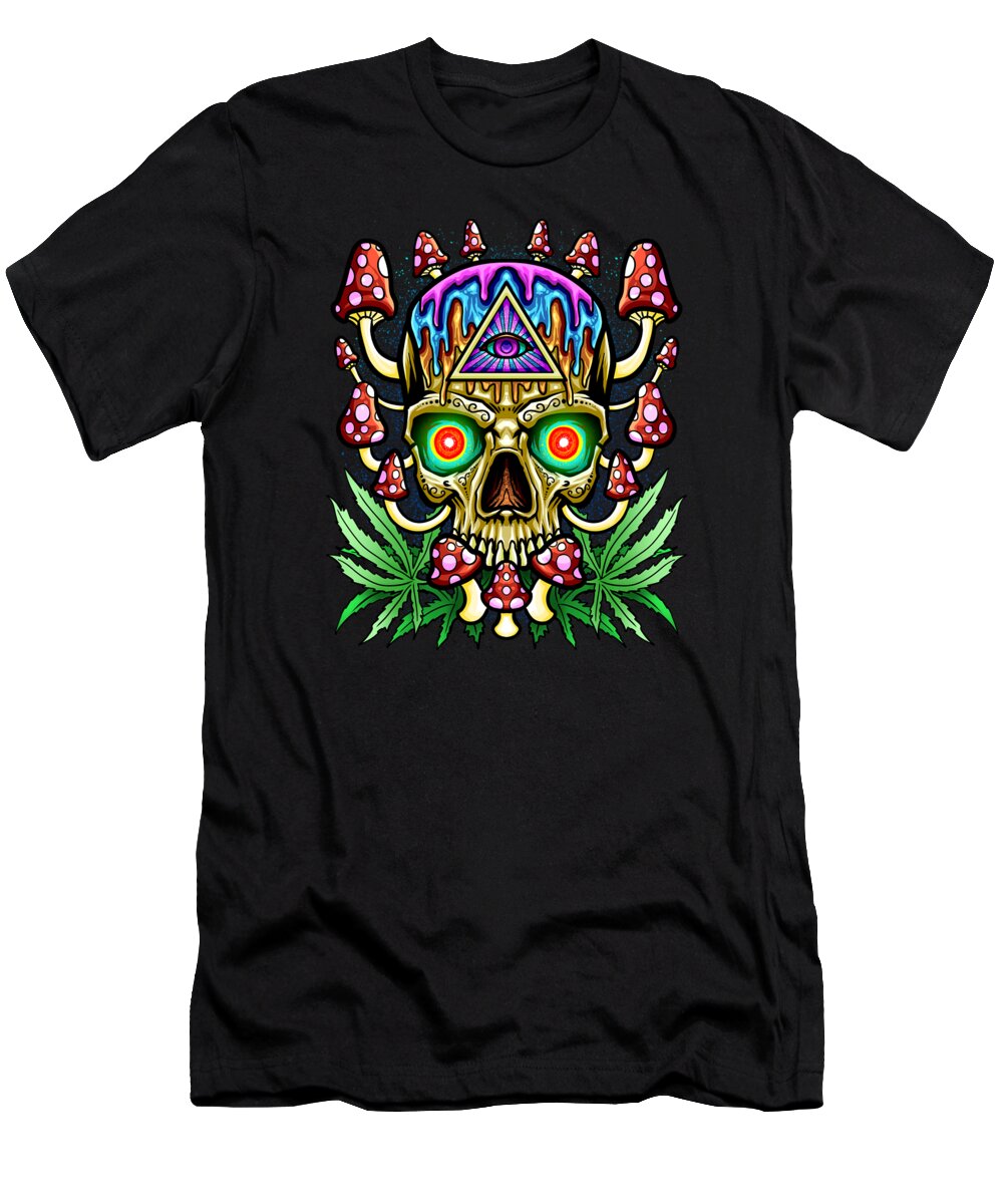 Cannabis T-Shirt featuring the digital art Magic Mushrooms Skull Psychedelic Phenomenon by Mister Tee