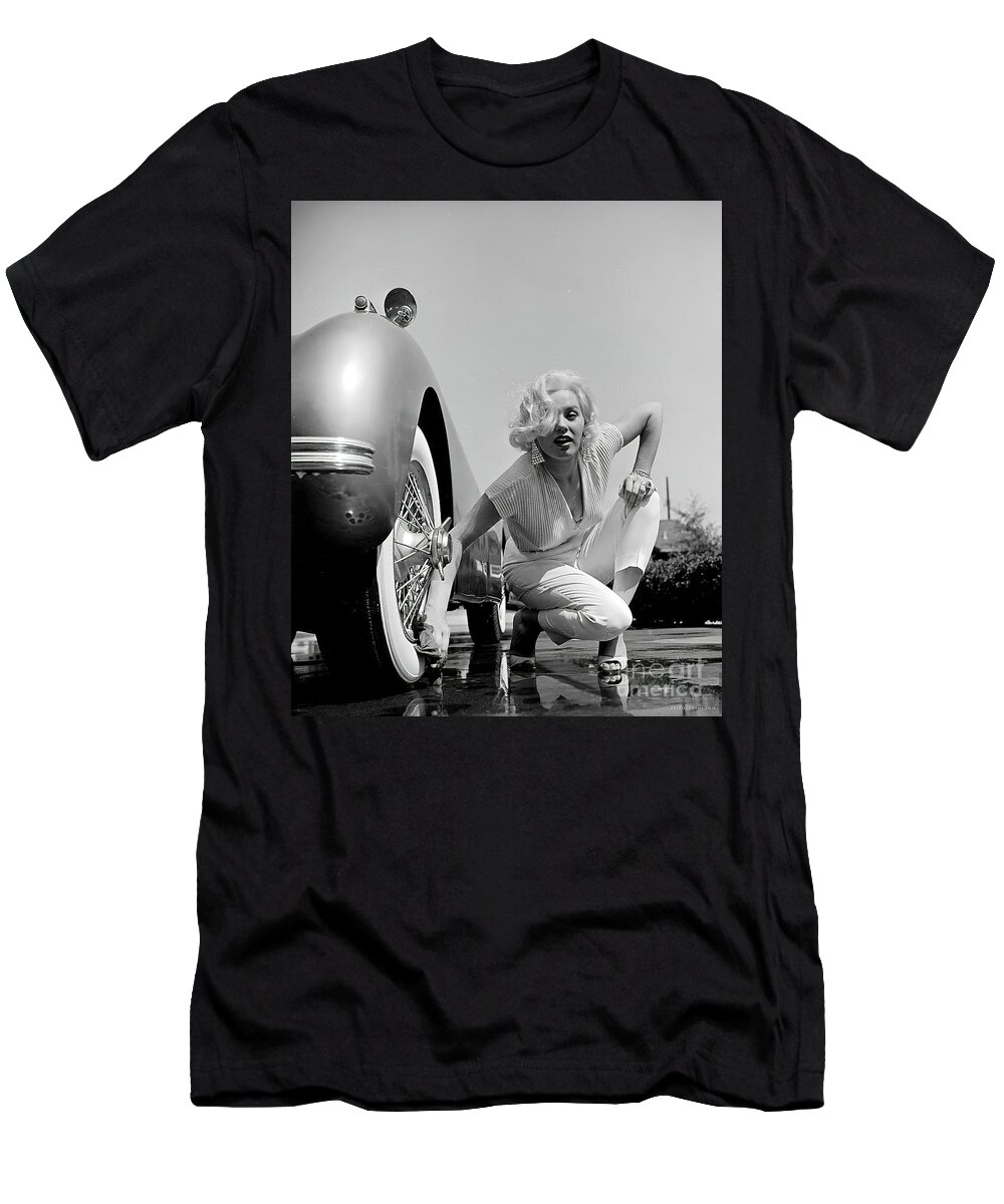 Marilyn Monroe T-Shirt featuring the photograph Marilyn Monroe with 1952 Jaguar XK120 by Retrographs