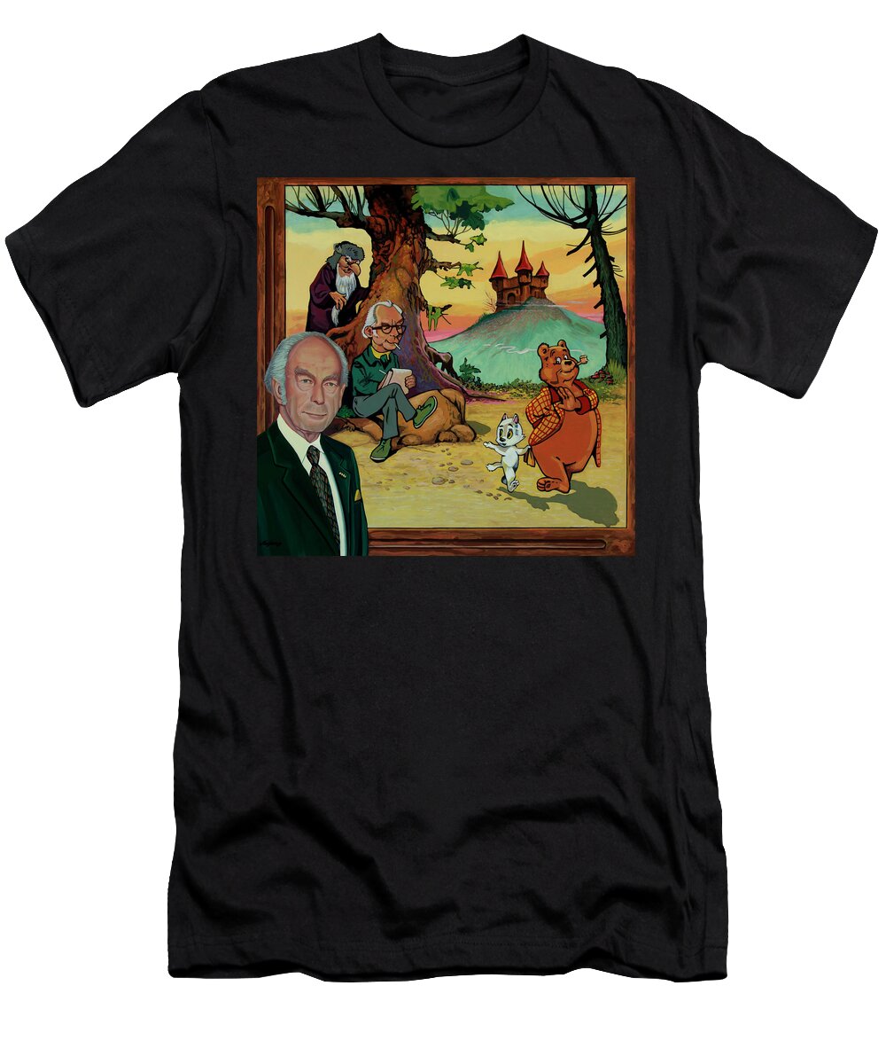 Marten Toonder T-Shirt featuring the painting Marten Toonder and Tom Puss Painting by Paul Meijering