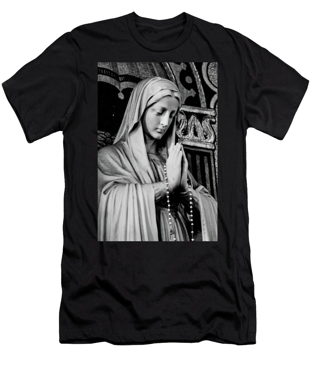 Mary Statue Church Rosary B&w T-Shirt featuring the photograph Mary by John Linnemeyer