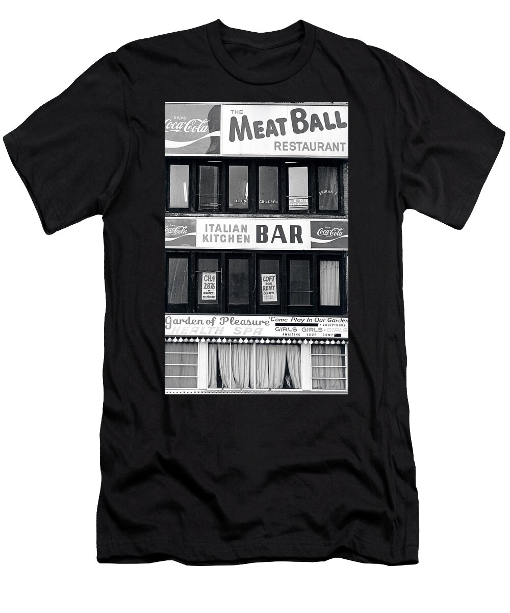 B&w Galley T-Shirt featuring the photograph Meat Ball Restaurant NYC by Steven Huszar