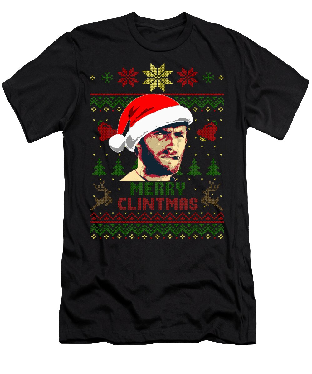 Santa T-Shirt featuring the digital art Merry Clintmas Clint Eastwood Christmas by Filip Schpindel