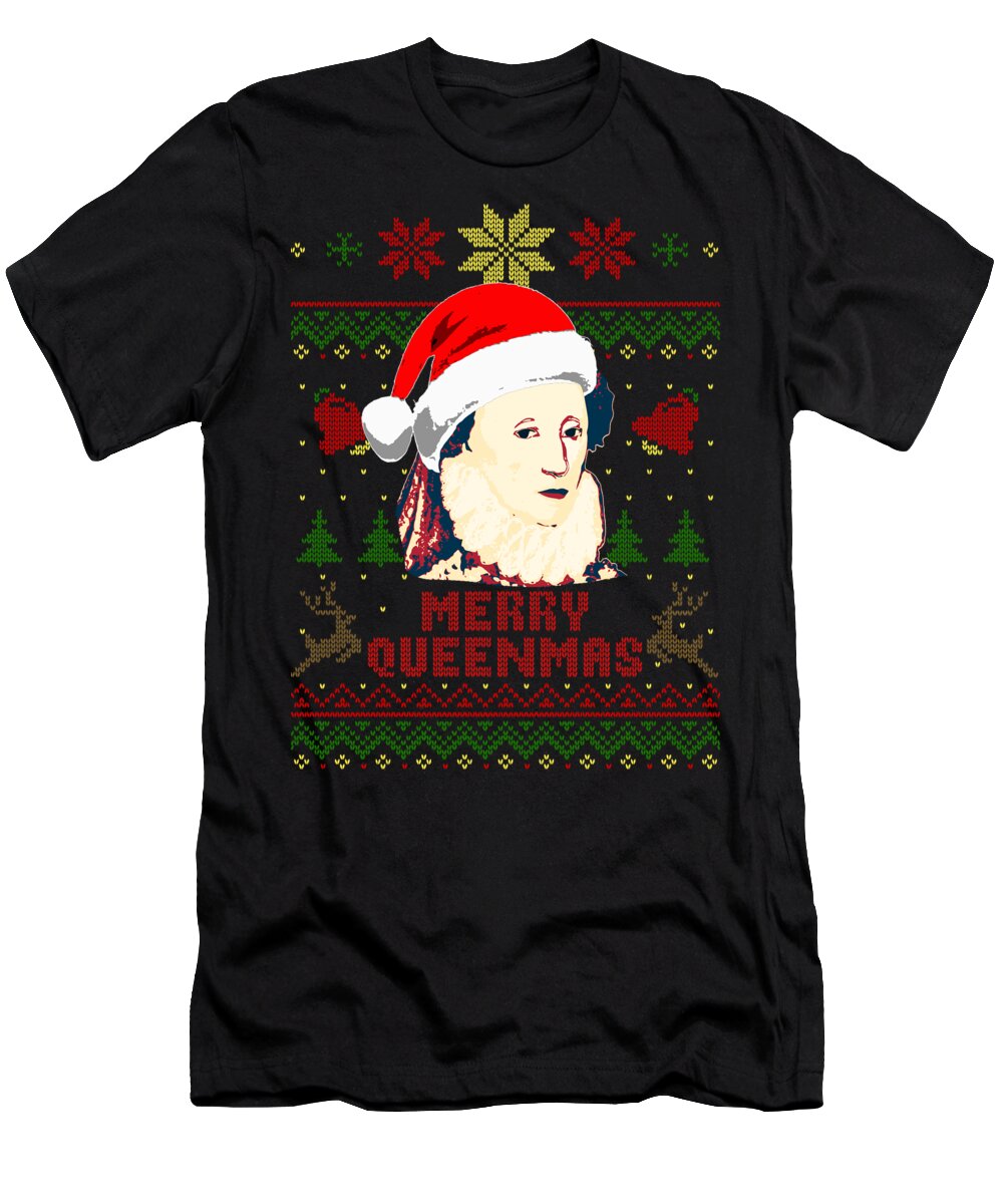 Santa T-Shirt featuring the digital art Merry Queenmas Queen Elizabeth by Filip Schpindel
