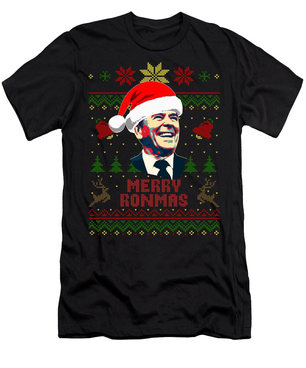 Santa T-Shirt featuring the digital art Merry Ronmas Ronald Reagan Christmas by Filip Schpindel