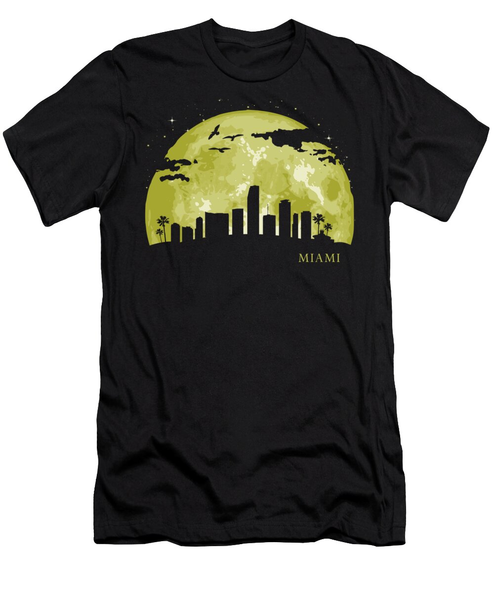 Skyline T-Shirt featuring the digital art Miami Moon Light Night Stars Skyline by Filip Schpindel