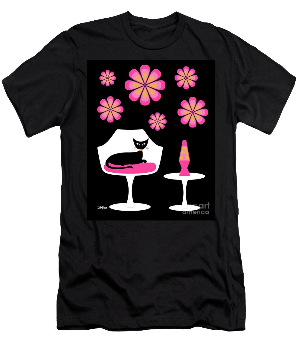 Mid Century Cat T-Shirt featuring the digital art Mid Century Tulip Chair with Pink Mod Flowers by Donna Mibus