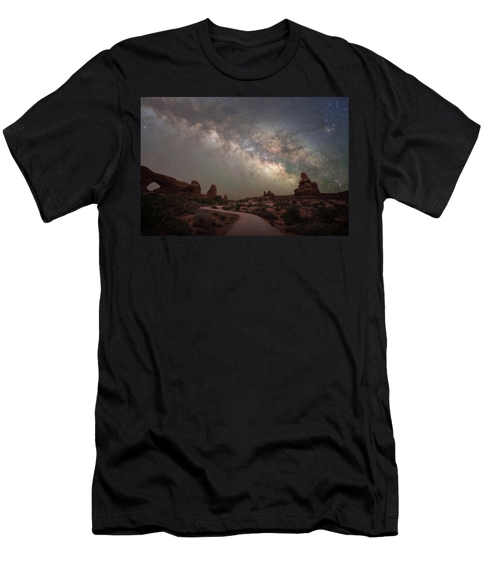 Milky Way T-Shirt featuring the photograph Milky Way over Arches by Darrell DeRosia