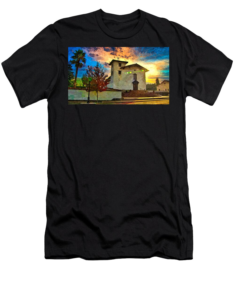 Mission San Jose T-Shirt featuring the digital art Mission San Jose in Fremont, California - watercolor painting by Nicko Prints