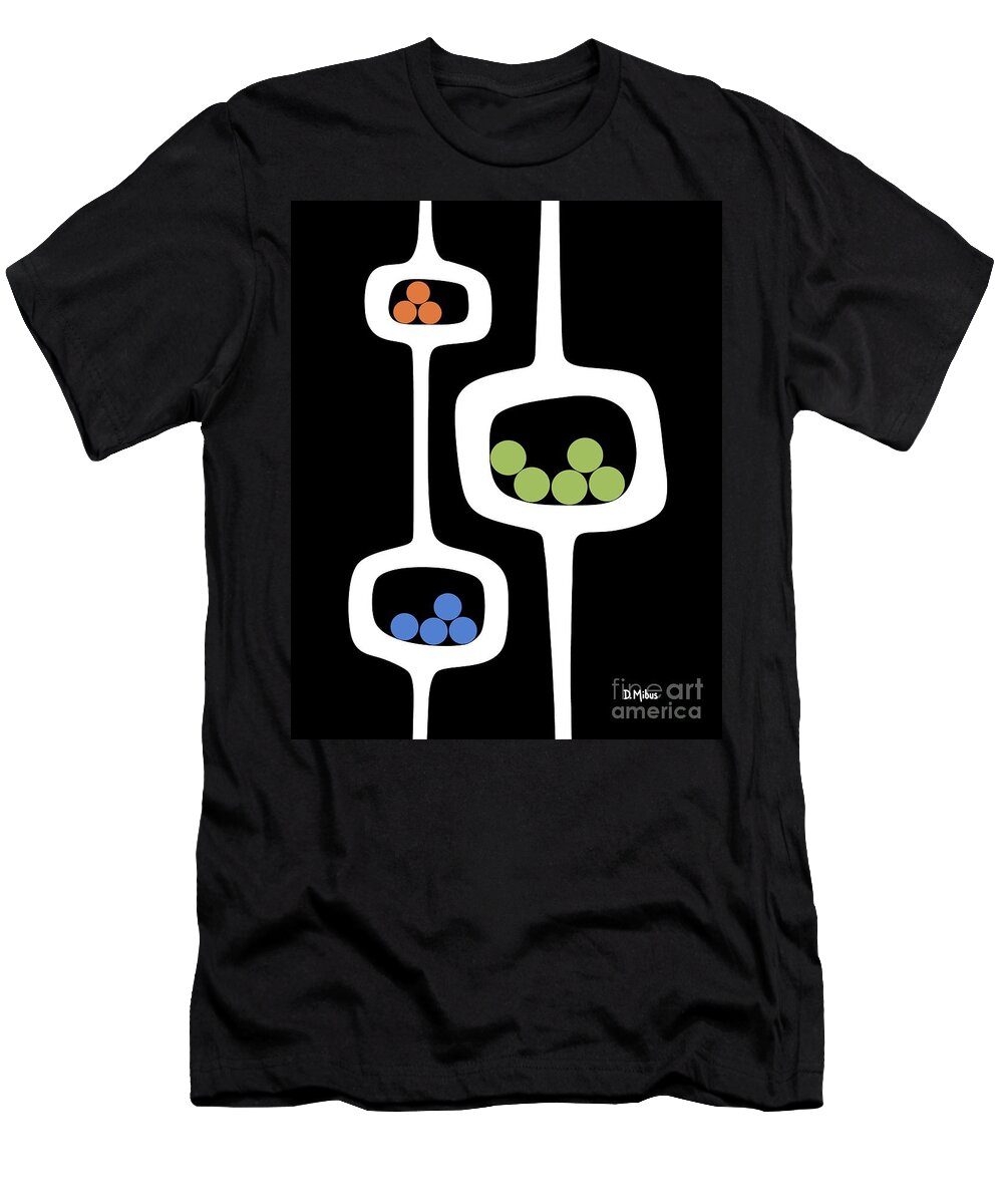 Mid Century Pods T-Shirt featuring the digital art Mod Pod 3 with Circles on Black by Donna Mibus