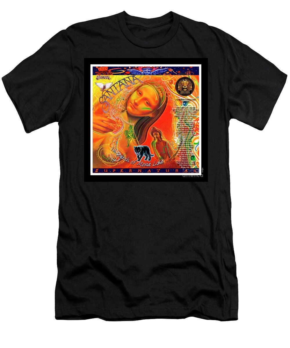 Mona Lisa T-Shirt featuring the mixed media Mona Lisa and Santana - Mixed Media Record Album Cover Pop Art Collage Print by Steven Shaver