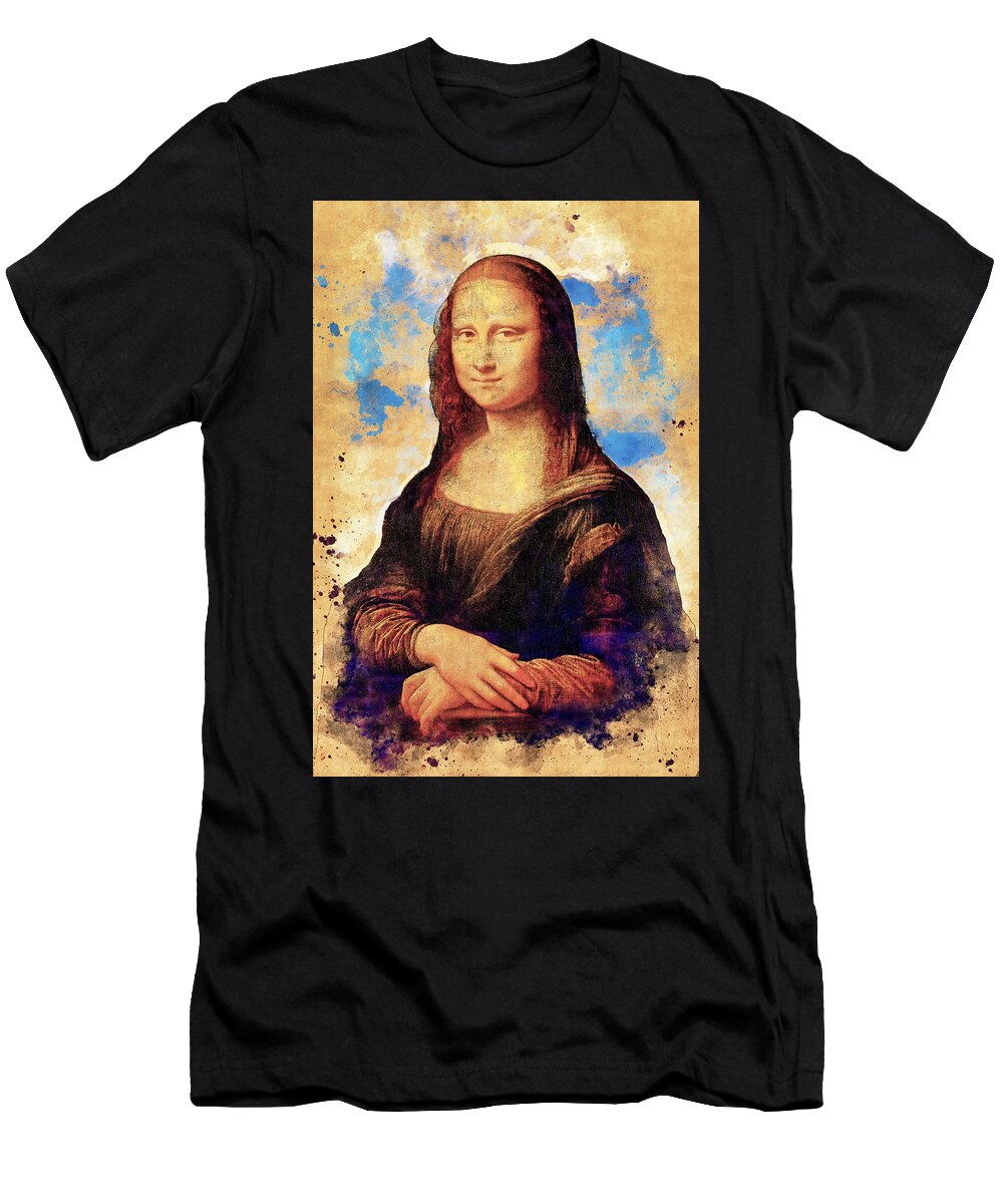 Mona Lisa T-Shirt featuring the digital art Mona Lisa digital recreation with a vintage painting effect by Nicko Prints