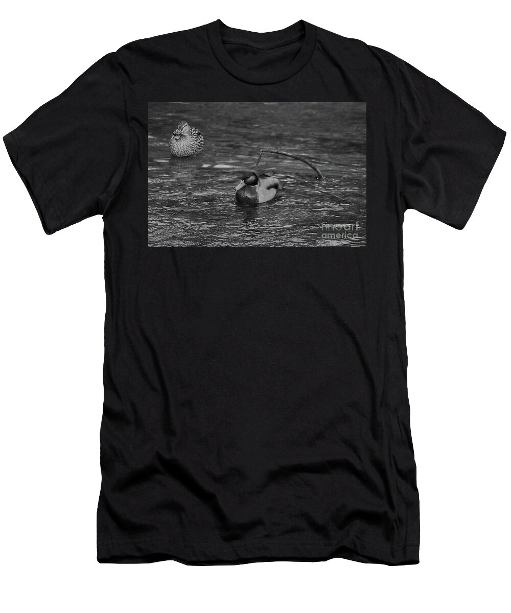 Monochrome T-Shirt featuring the photograph Monochrome of a male and female Mallard duck by Pics By Tony