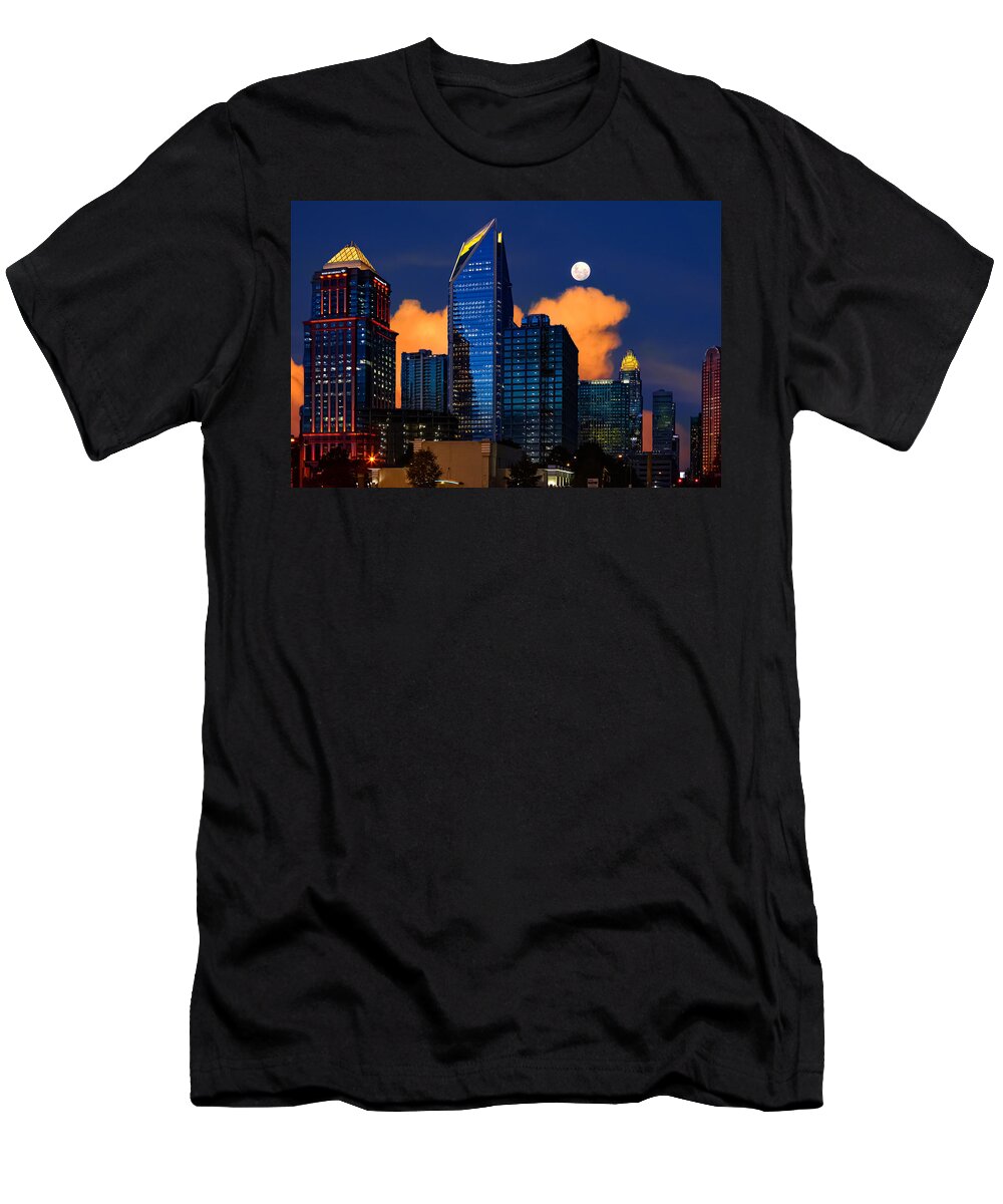 Charlotte T-Shirt featuring the digital art Moon over Uptown Charlotte by SnapHappy Photos