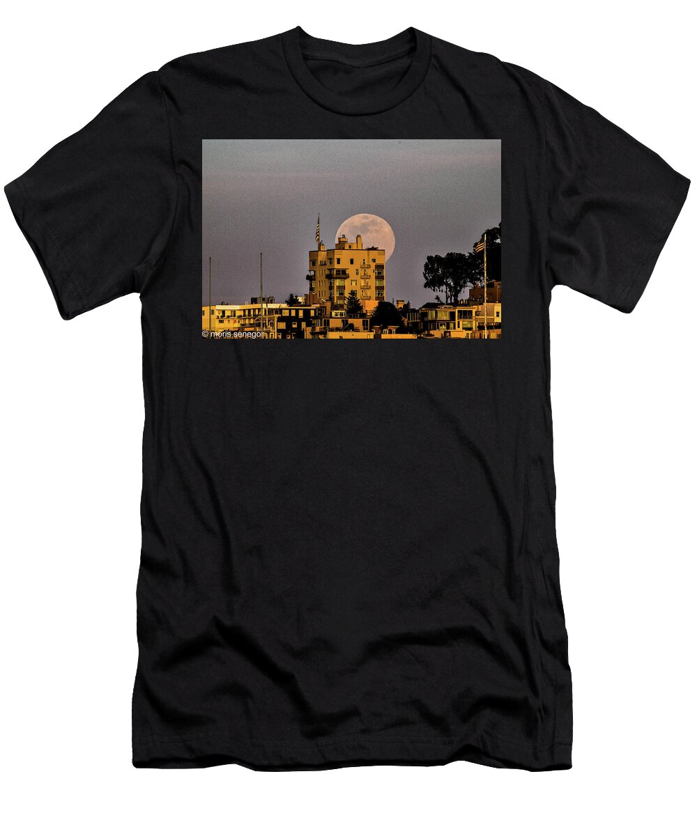 Full Moon T-Shirt featuring the photograph Moon Rkise, Telegraph Hill, San Francisco by Moris Senegor