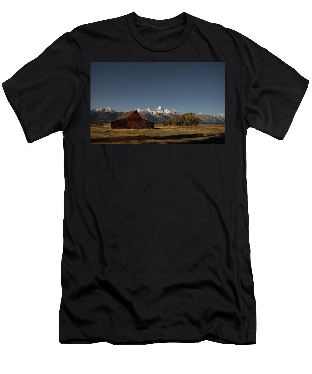 Barn T-Shirt featuring the photograph Moonlight on Moulton Barn 2020 by Jean Clark