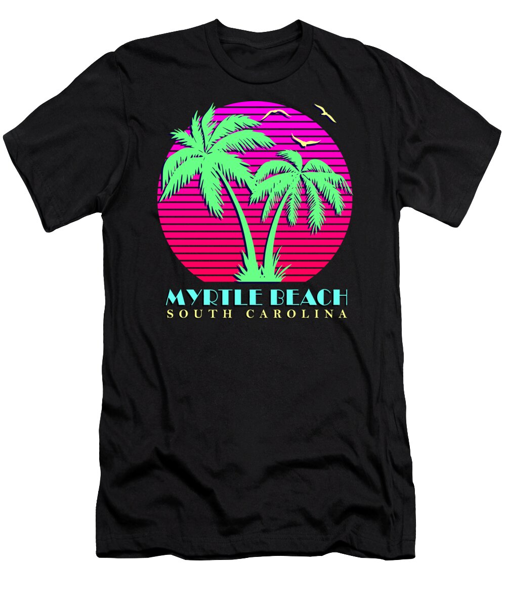Classic T-Shirt featuring the digital art Myrtle Beach Retro Palm Trees Sunset by Filip Schpindel