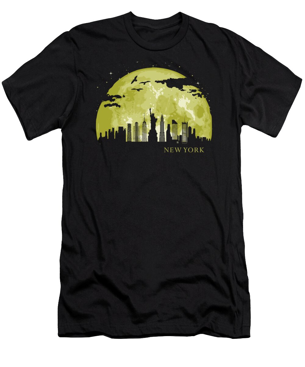 Manhattan T-Shirt featuring the digital art NEW YORK Moon Light Night Stars Skyline by Megan Miller