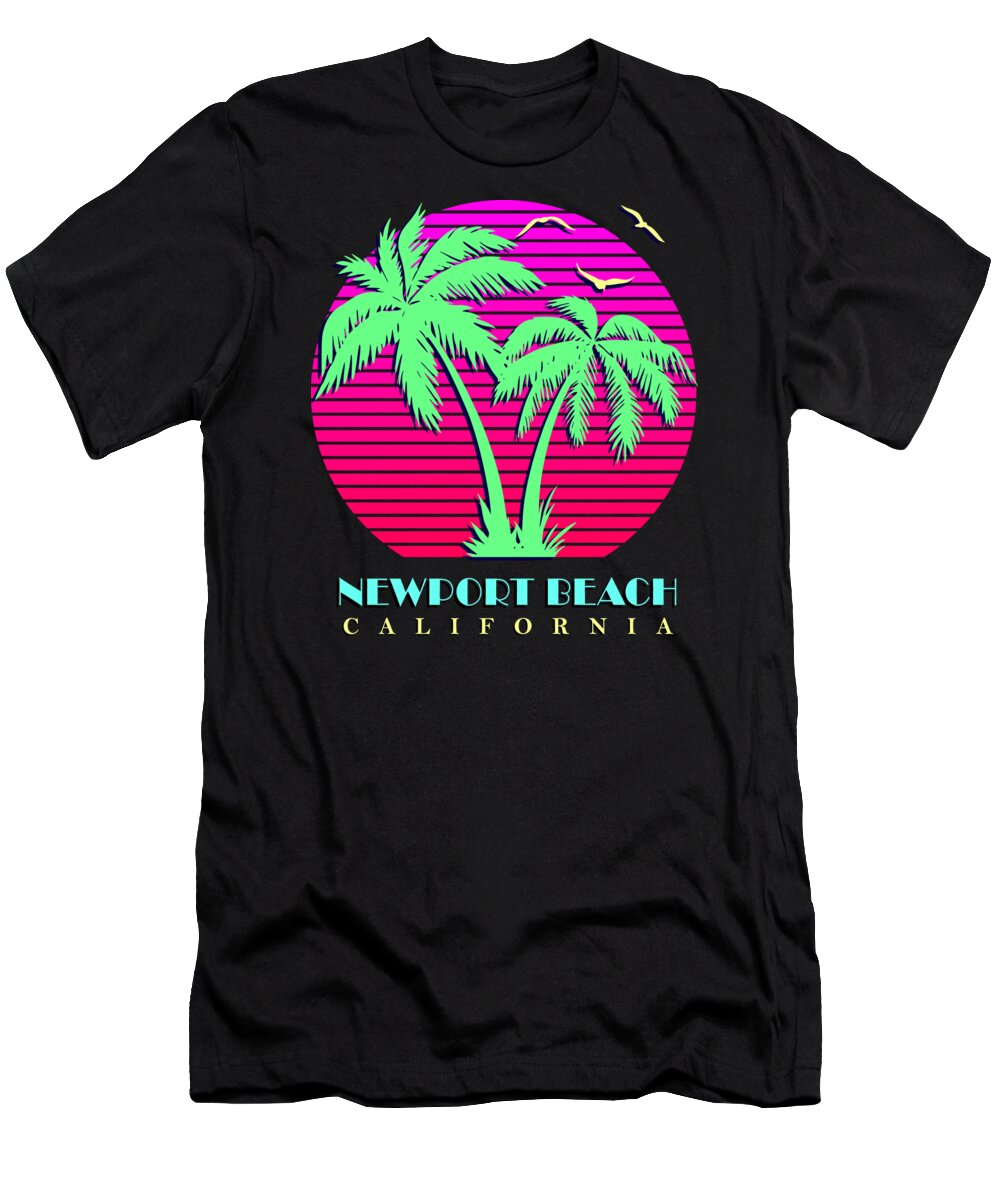 California T-Shirt featuring the digital art Newport Beach California Retro Palm Trees Sunset by Filip Schpindel