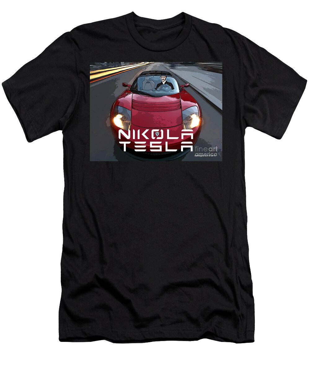 Tesla T-Shirt featuring the digital art Nicola Tesla in a Tesla by Ignatius Graffeo