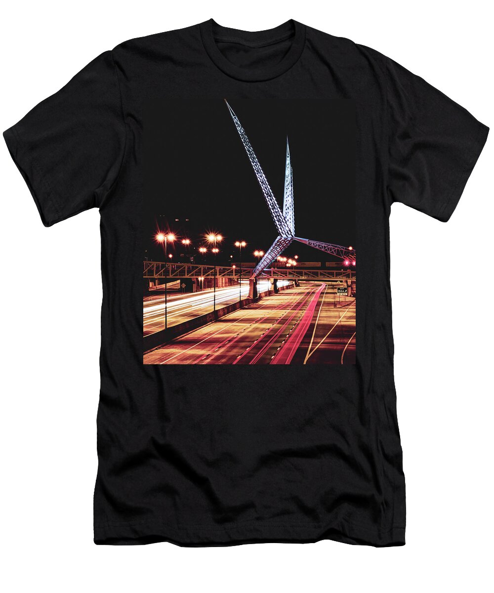 America T-Shirt featuring the photograph OKC Scissor-Tailed Flycatcher Sculpture and Skydance Bridge by Gregory Ballos