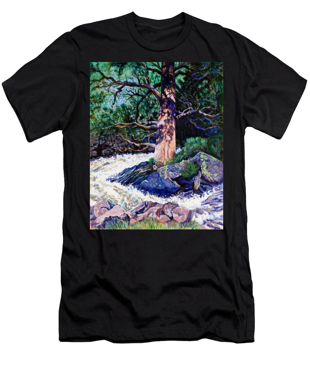Old Pine T-Shirt featuring the painting Old Pine In Rushing Stream by John Lautermilch