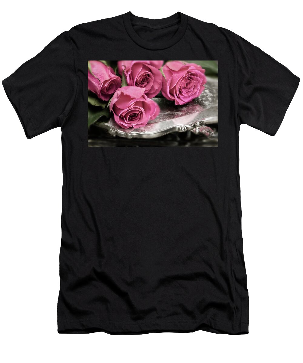 Roses T-Shirt featuring the photograph On A Silver Platter by John Rogers