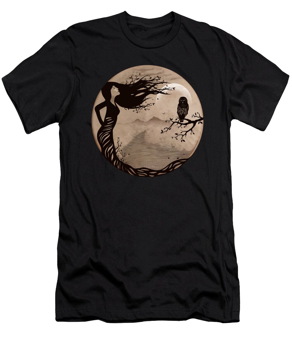 Woman Tree T-Shirt featuring the digital art Owl Woman Tree Shaman Art - Natural Drum 12 by Serena King
