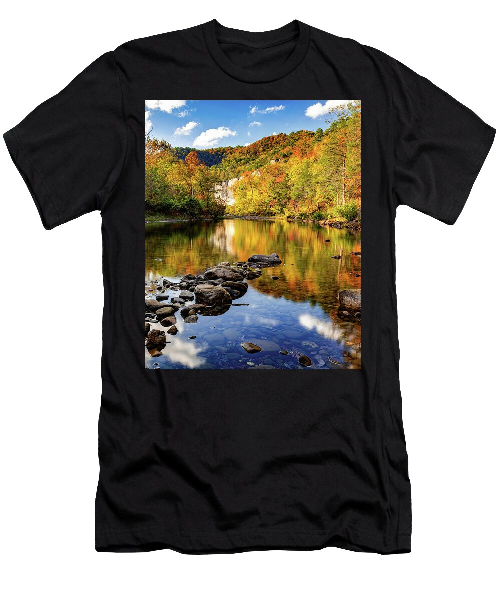 Roark Bluff T-Shirt featuring the photograph Ozark Mountains And Roark Bluff Autumn Reflections by Gregory Ballos