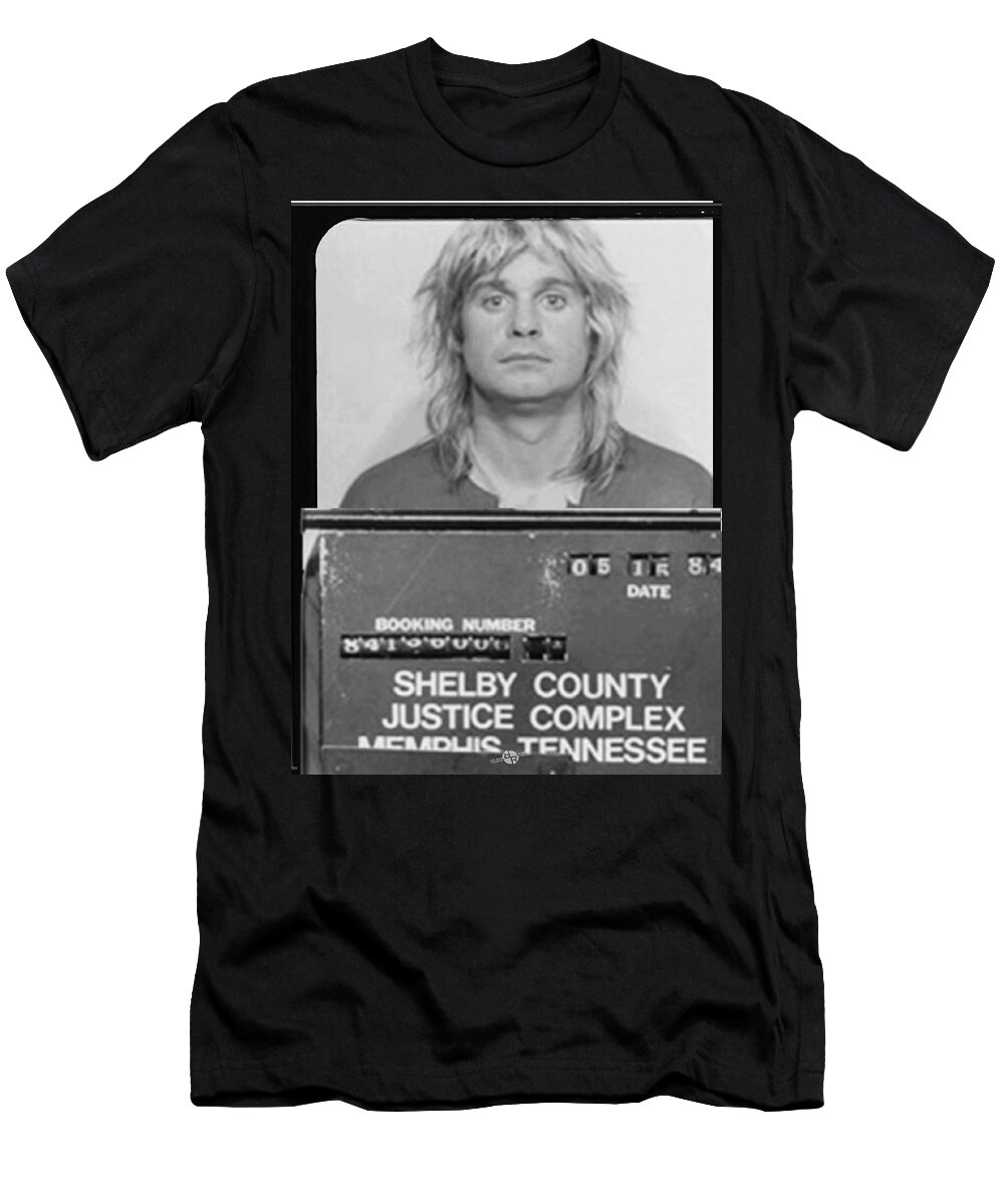 Ozzy Osbourne T-Shirt featuring the painting Ozzy Osbourne Mug Shot Muted Vertical BW by Tony Rubino