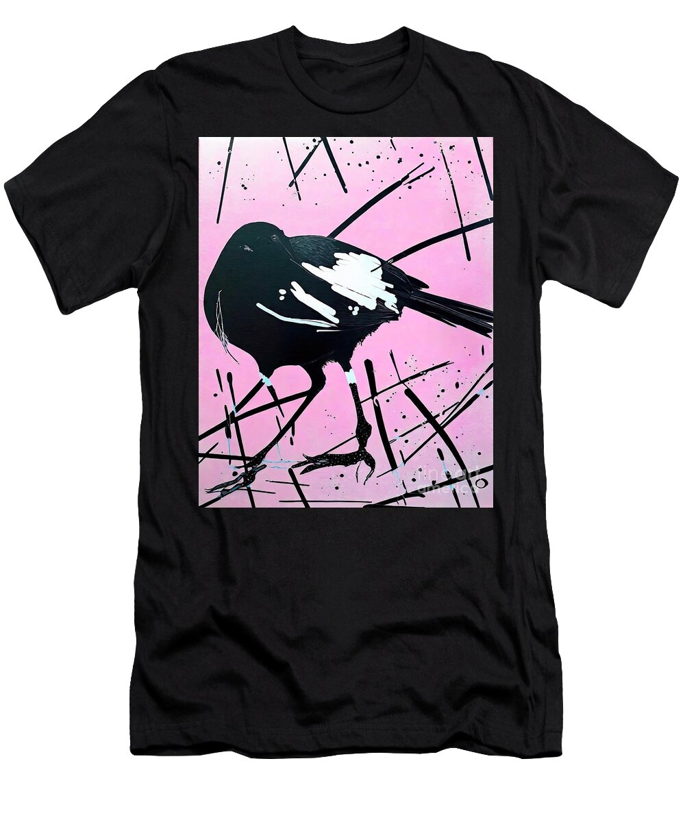 Illustration T-Shirt featuring the painting Painting Magpie Pink Pop 40 5cm W X 51cm H Magpie by N Akkash