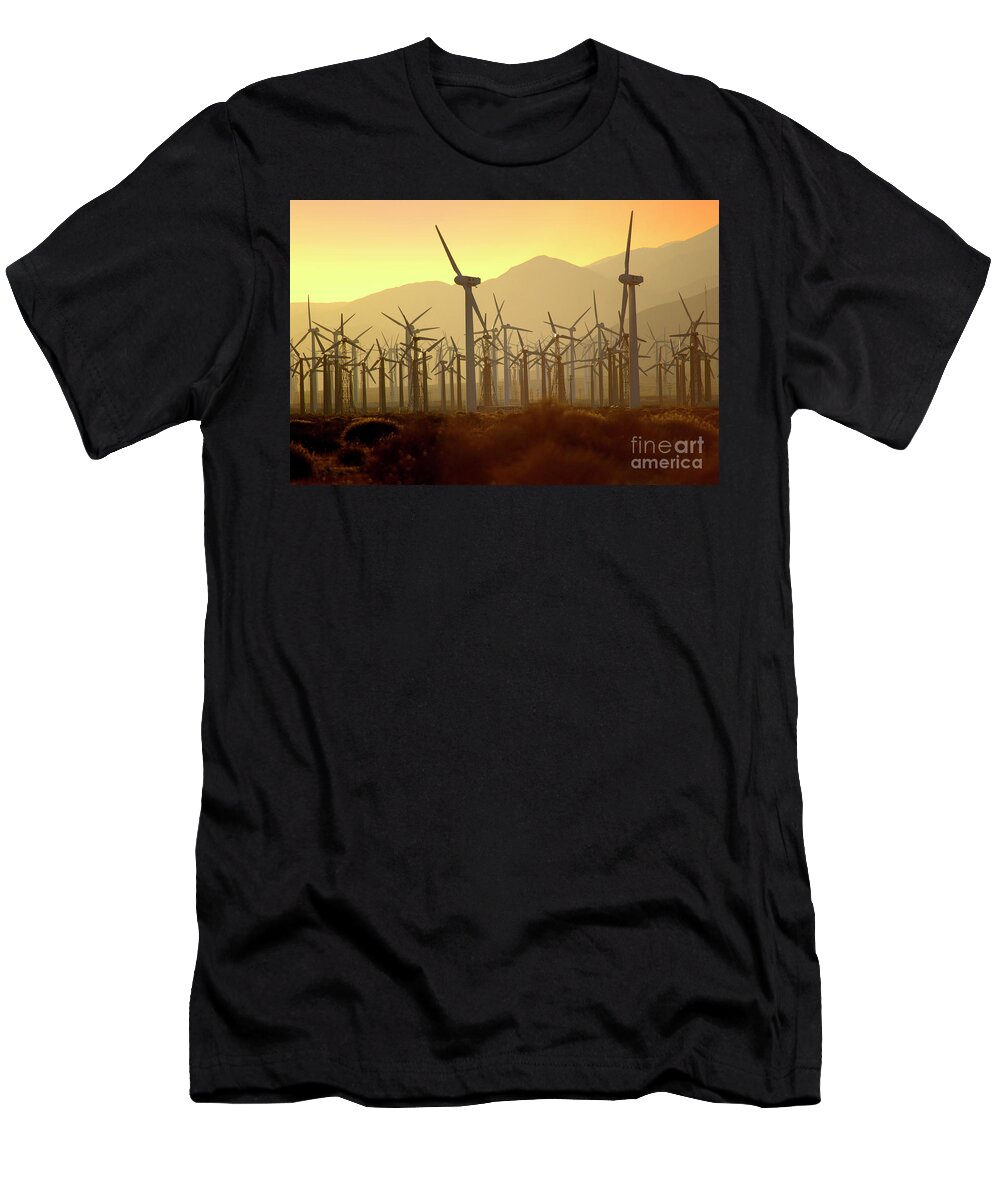 Wind T-Shirt featuring the photograph Palm Springs windmills at sunset by Gunther Allen