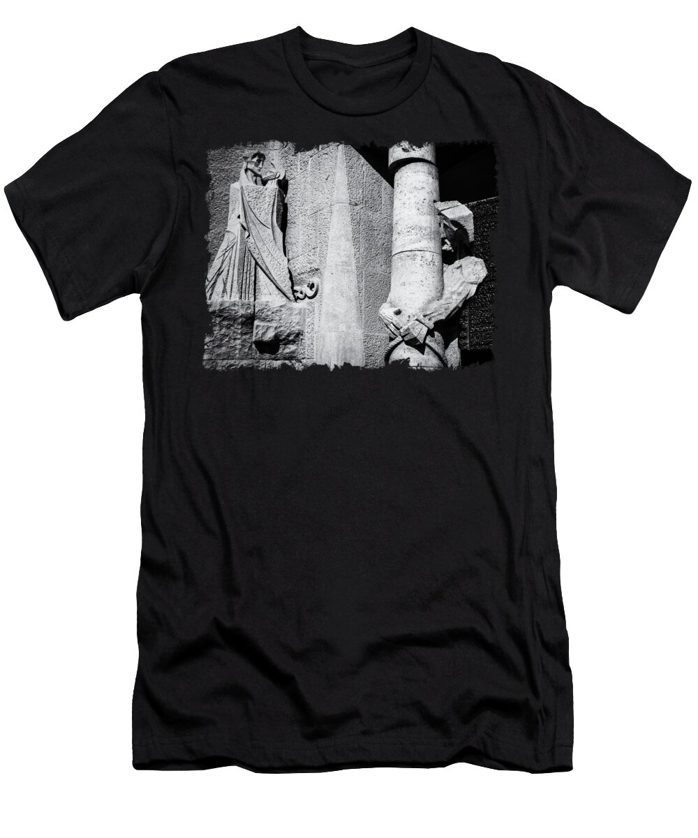 Barcelona T-Shirt featuring the photograph Passion Facade Statues in Black and White - Sagrada Familia, Barcelona by Andreea Eva Herczegh