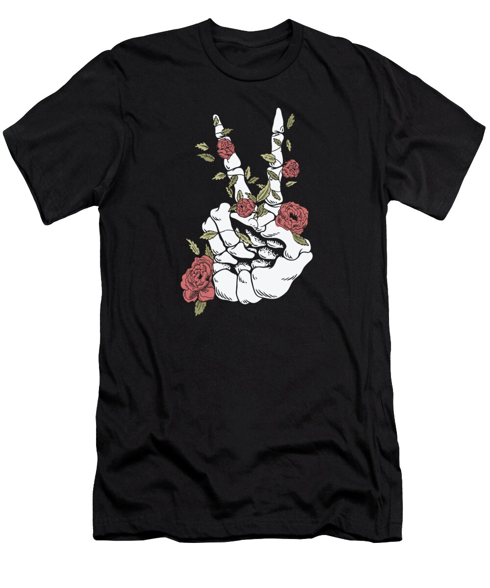 Peace Sign T-Shirt featuring the digital art Peace Sign Skeleton Positivity Peace Lover Flowers by Toms Tee Store