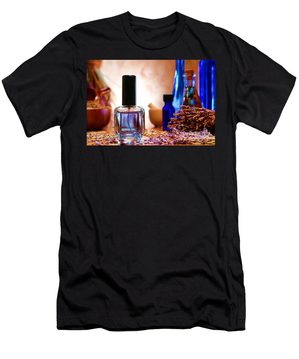 Aromatherapy T-Shirt featuring the photograph Perfume Bottle with Lavender Flowers in a Shop by Olivier Le Queinec