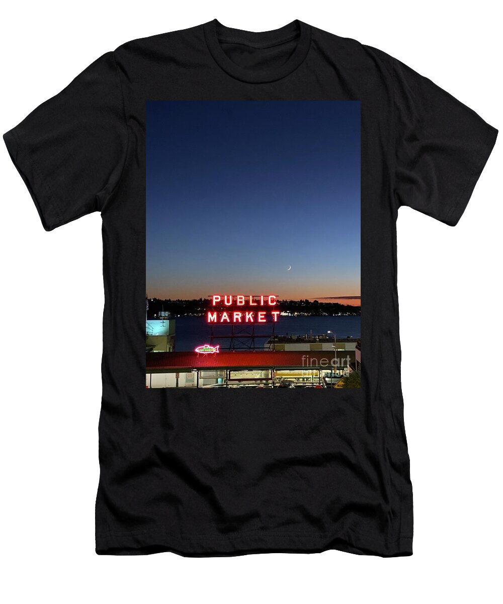 Moon T-Shirt featuring the photograph Pike place waning moon by LeLa Becker