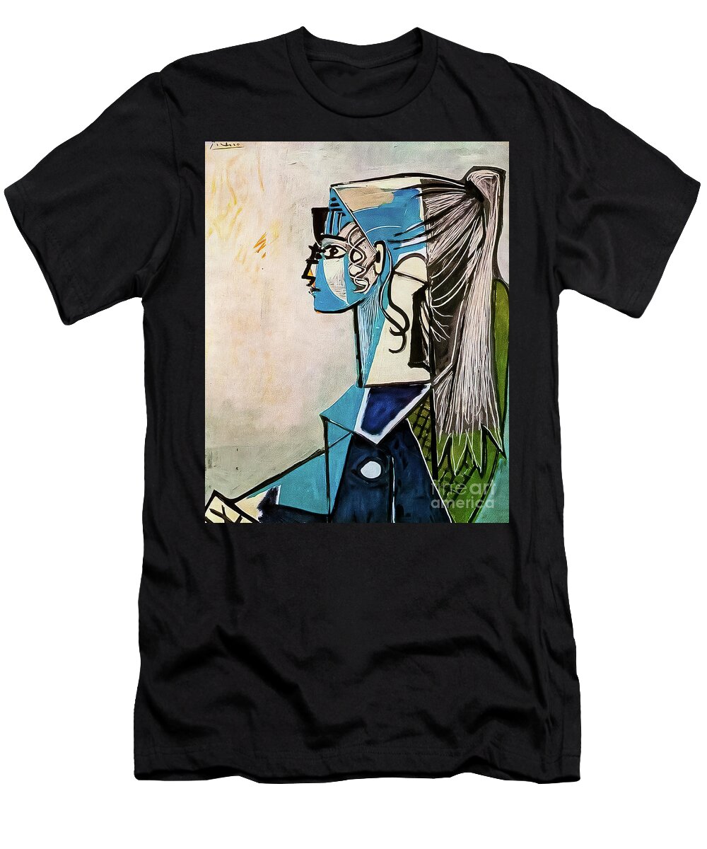 Portrait T-Shirt featuring the painting Portrait of Sylvette David on a Green Chair by Pablo Picasso 195 by Pablo Picasso