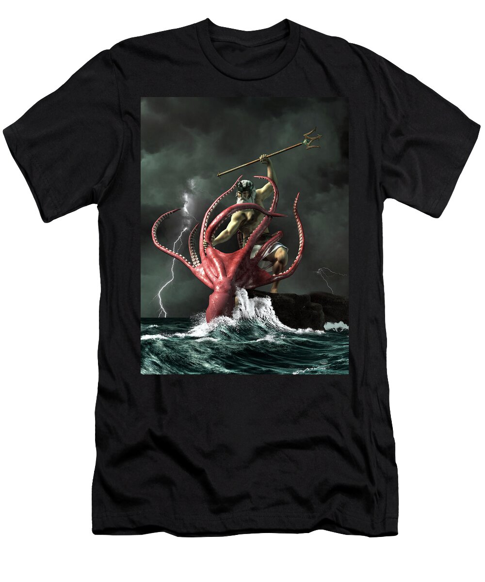 Poseidon T-Shirt featuring the digital art Poseidon vs. the Kraken by Daniel Eskridge
