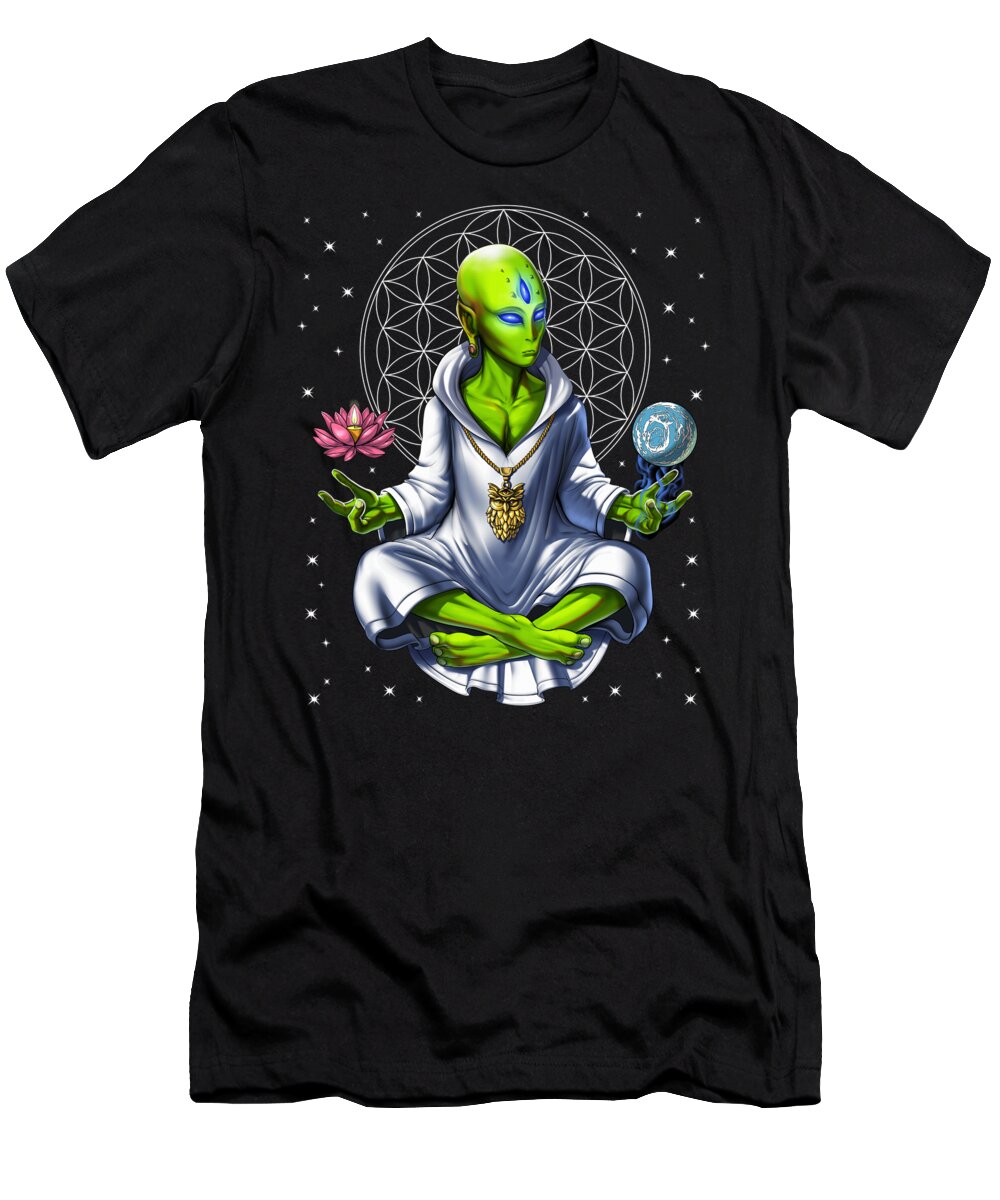 Spiritual T-Shirt featuring the digital art Psychedelic Alien Meditation by Nikolay Todorov