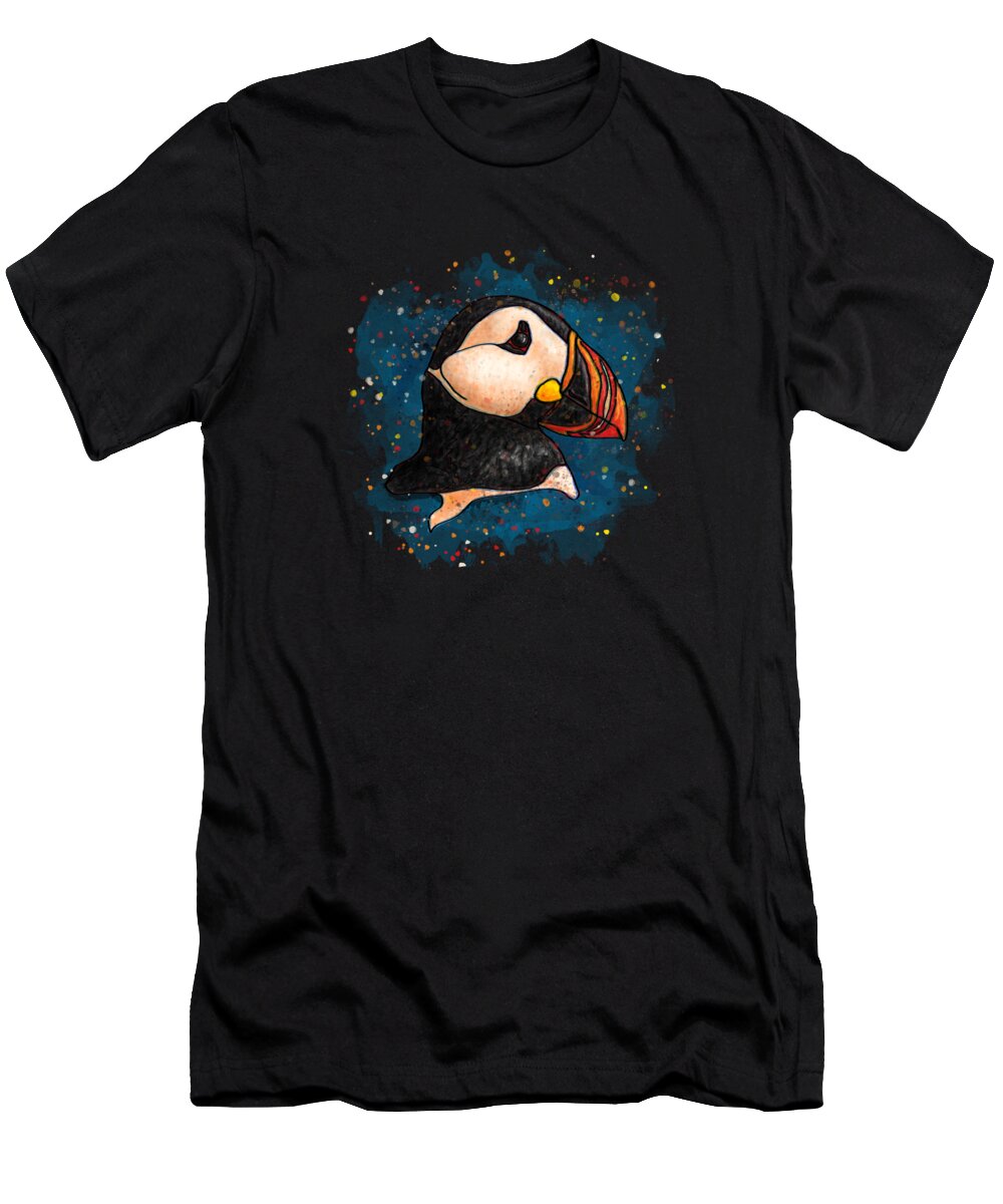 Puffin T-Shirt featuring the painting Puffin head on black background, Splatter art puffin by Nadia CHEVREL