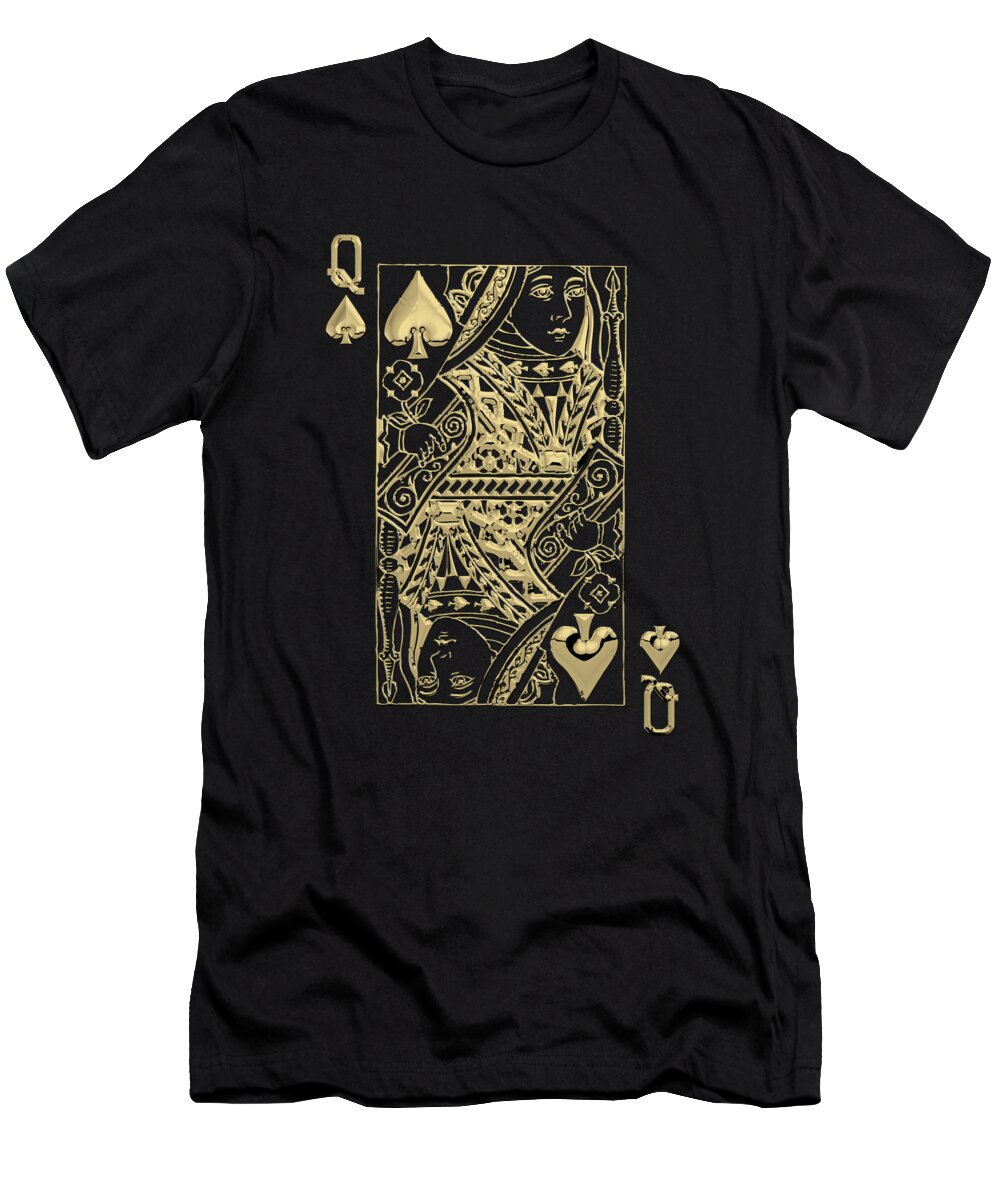 'gamble' Collection By Serge Averbukh T-Shirt featuring the digital art Queen of Spades in Gold on Black  by Serge Averbukh