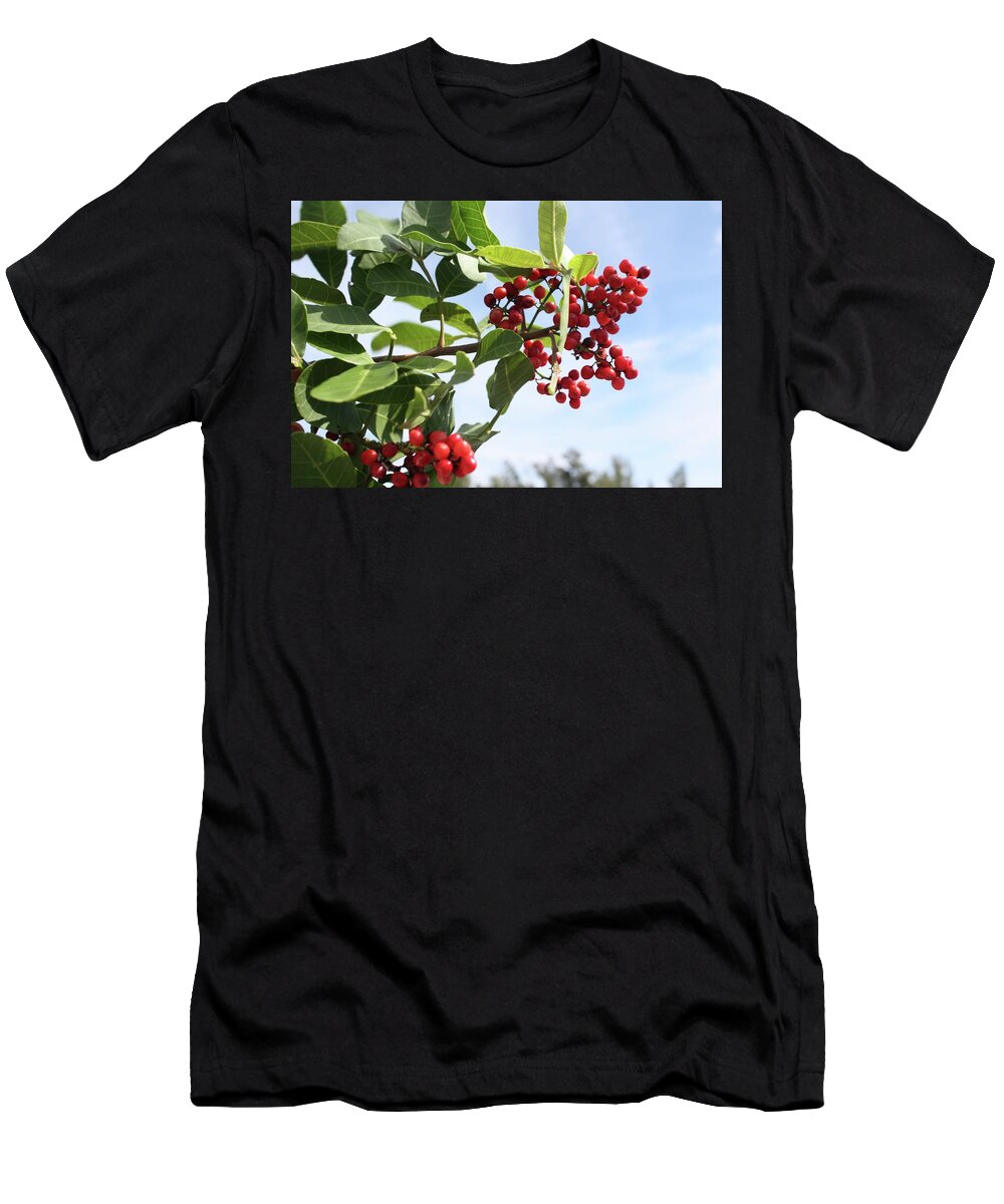Red Berries And Green Leaves T-Shirt featuring the photograph Red Berries and Green Leaves #1 by Ann Murphy
