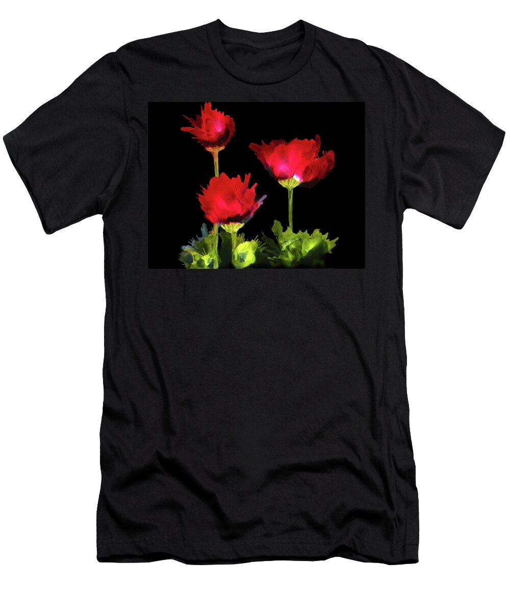 Red T-Shirt featuring the painting Red Poppies on Black Background Alcohol Ink Painting by Deborah League