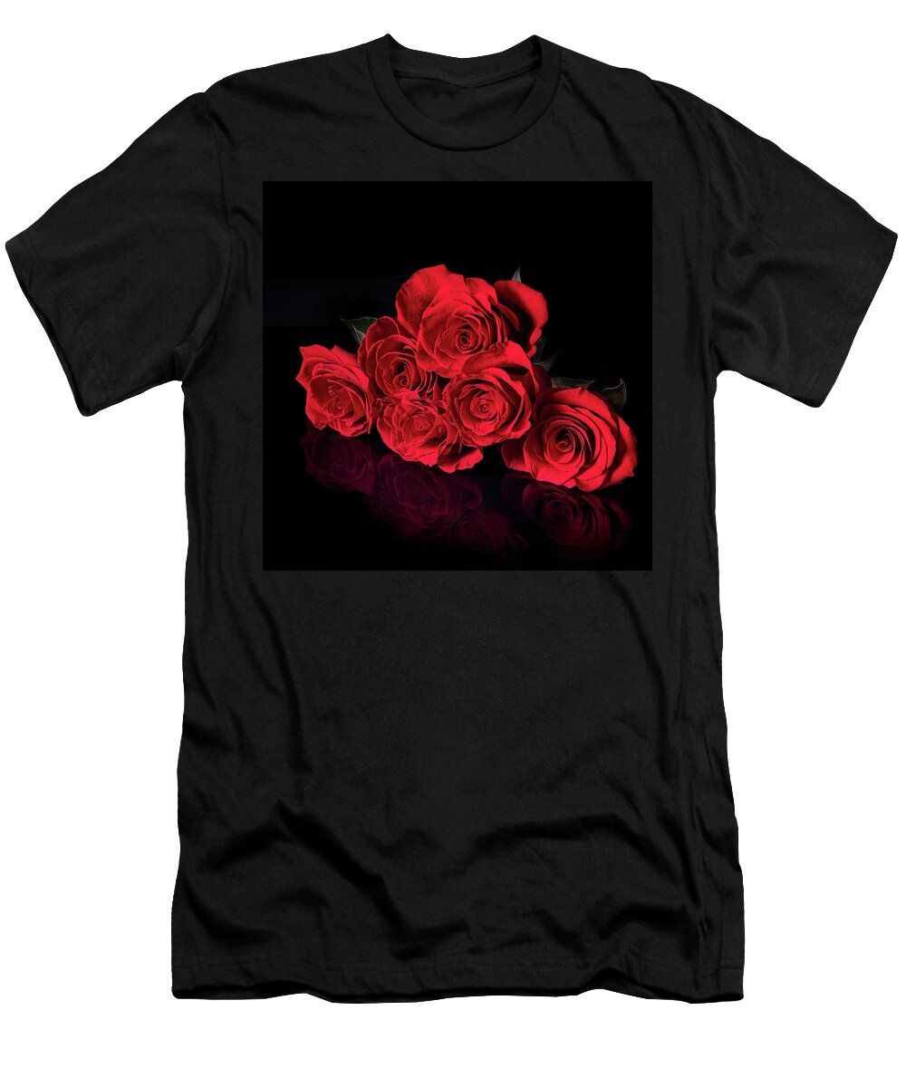 Roses Flower T-Shirt featuring the photograph Red Roses on Black - Reflection by Lily Malor