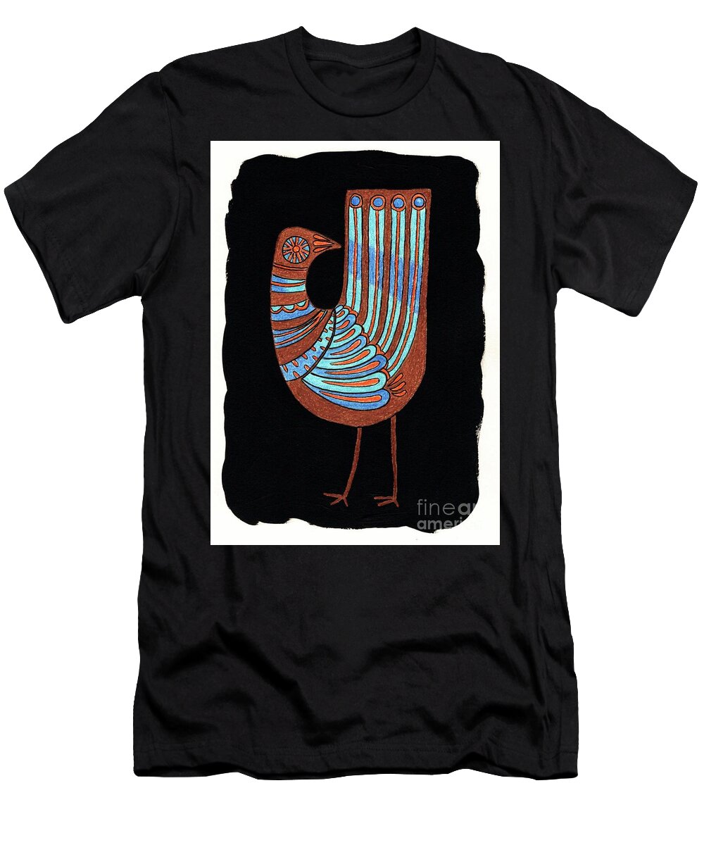 Mid Century Modern T-Shirt featuring the painting Retro Bird on Black by Donna Mibus