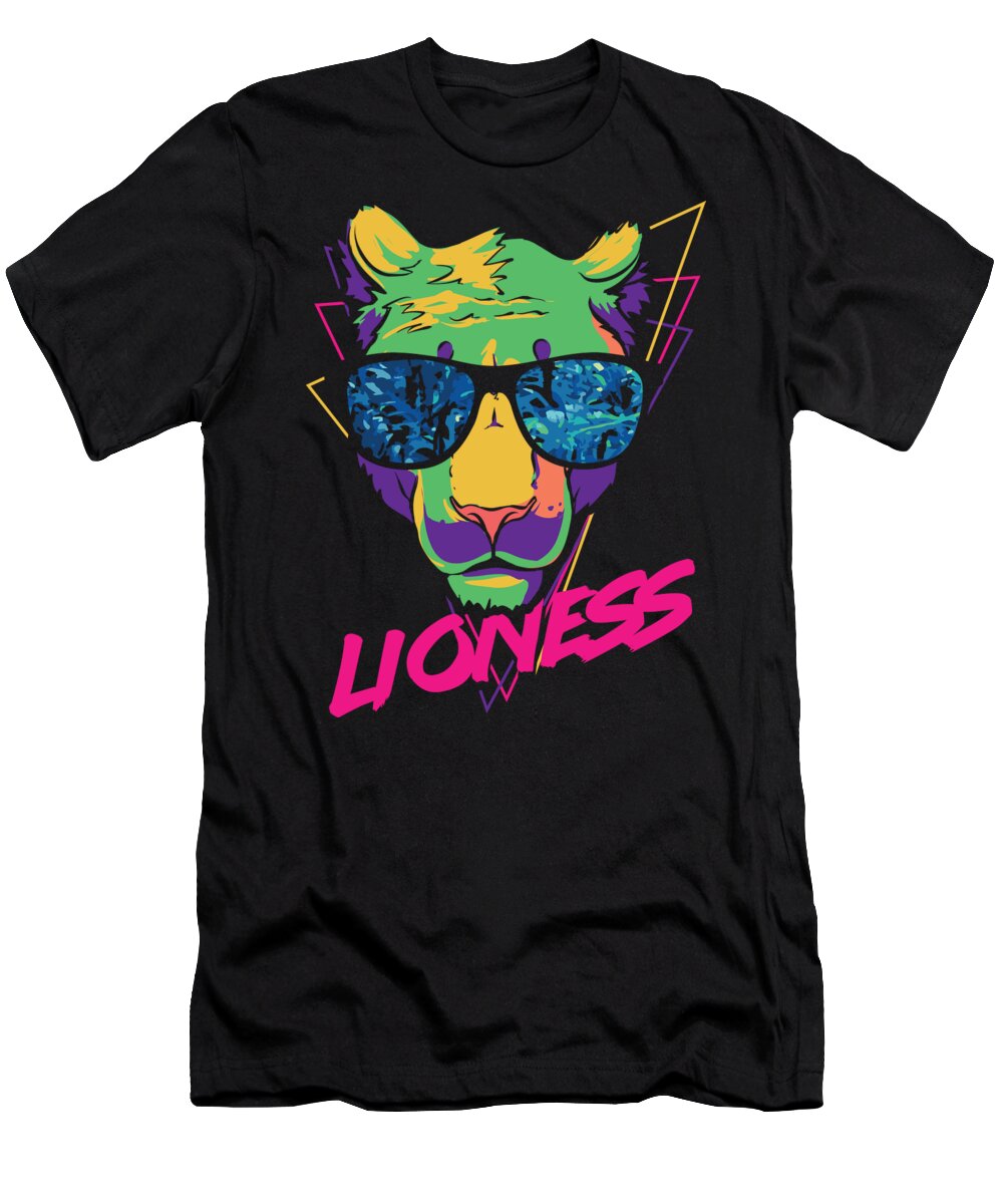 Lion T-Shirt featuring the digital art Retro Lioness in Cool Sunglasses by Jacob Zelazny