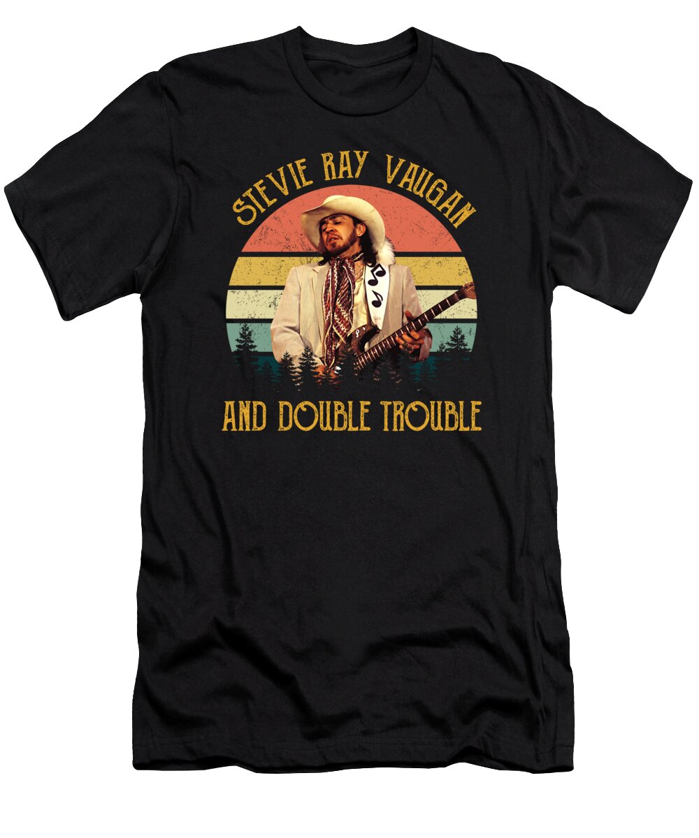 Stevie Ray Vaughan T-Shirt featuring the digital art Retro Stevie Ray Vaughan And Double Trouble by Notorious Artist