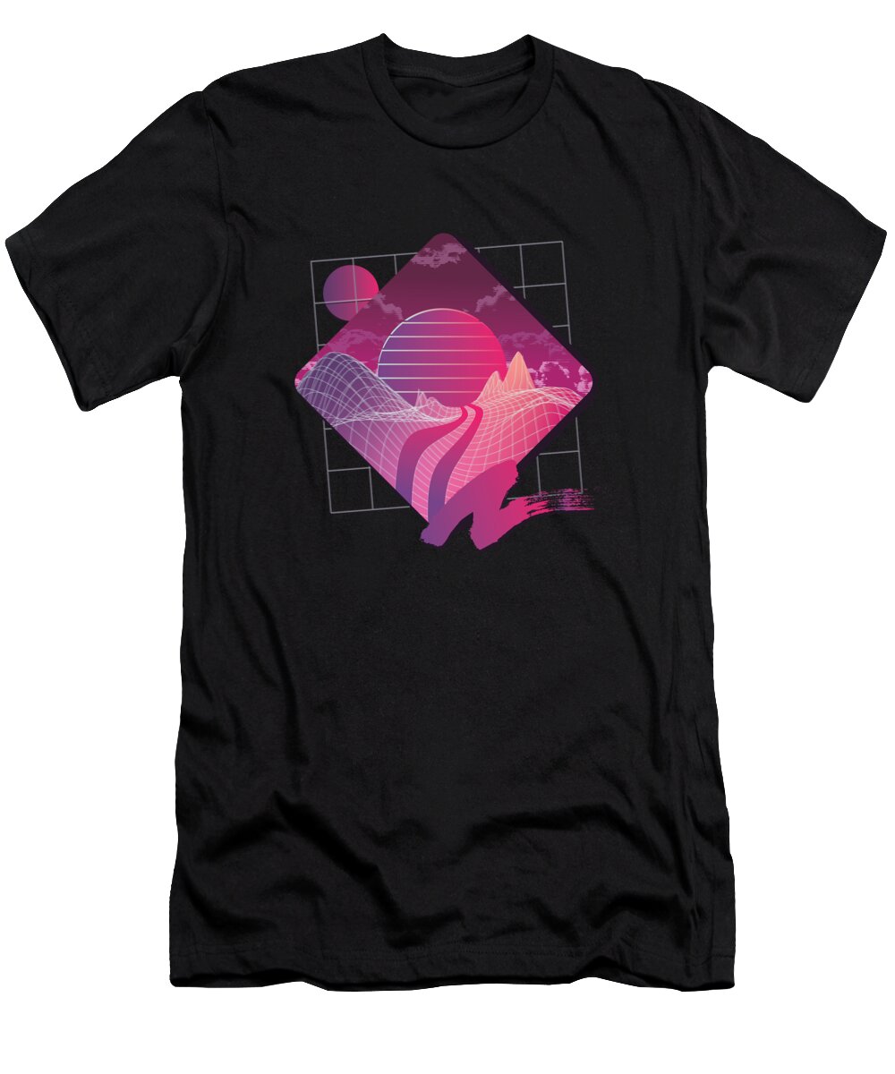 Retro T-Shirt featuring the digital art Retrowave Landscape Eighties Style Outrun by Mister Tee