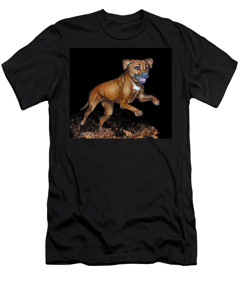 Rhodesian Ridgeback T-Shirt featuring the mixed media Rhodesian Ridgeback Dog's Muddy Jump by Kelly Mills