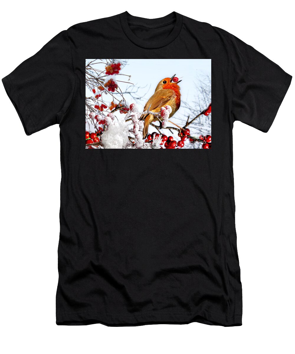 Robin T-Shirt featuring the mixed media Robin and Berries in Snow by Morag Bates